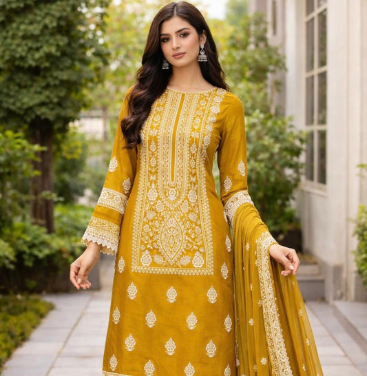 Lawn 3 piece embroidered suit in yellow