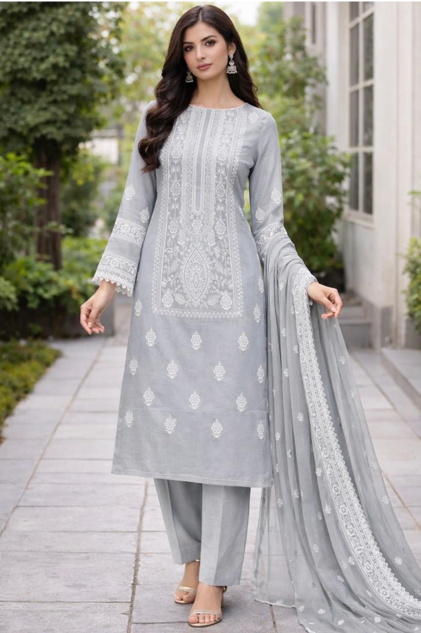 Lawn 3 piece embroidered suit  in Grey