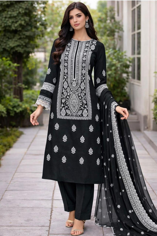 Lawn 3 piece embroidered suit in black color