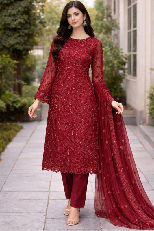 Luxury Net Suit with Thread & Pulse Work | 3 piece with grip trouser Available in 6 colors