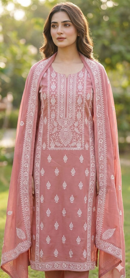 Lawn 3 piece embroidered suit in tea pink